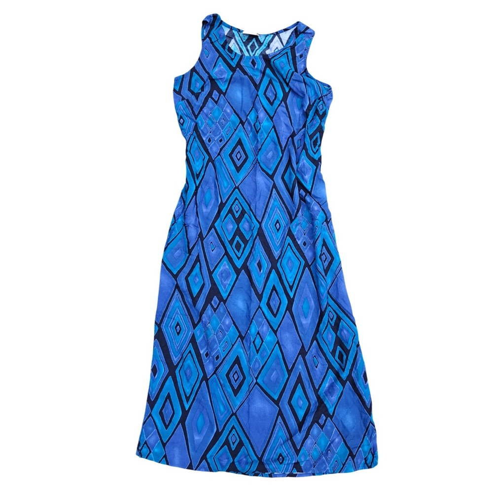 Vintage 90s Tie Back Slip Dress Midi Geometric Print R&K  Womens 12 Y2K Slit EUC